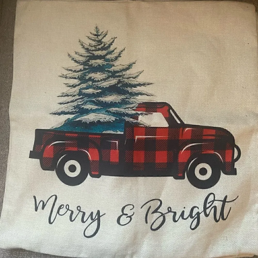 Set of 2 Christmas Pillow Covers Sleigh Rides and Merry & Bright Truck 17x17”